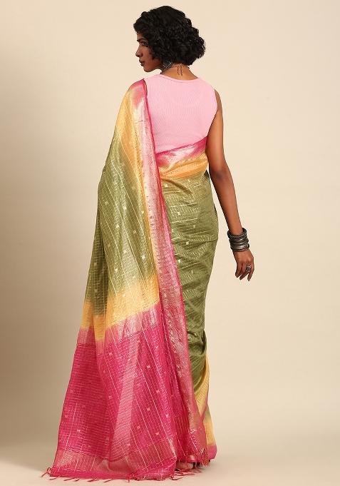 Green Woven Design Viscose Saree Set