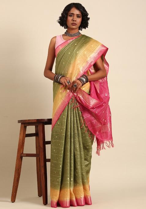 Green Woven Design Viscose Saree Set