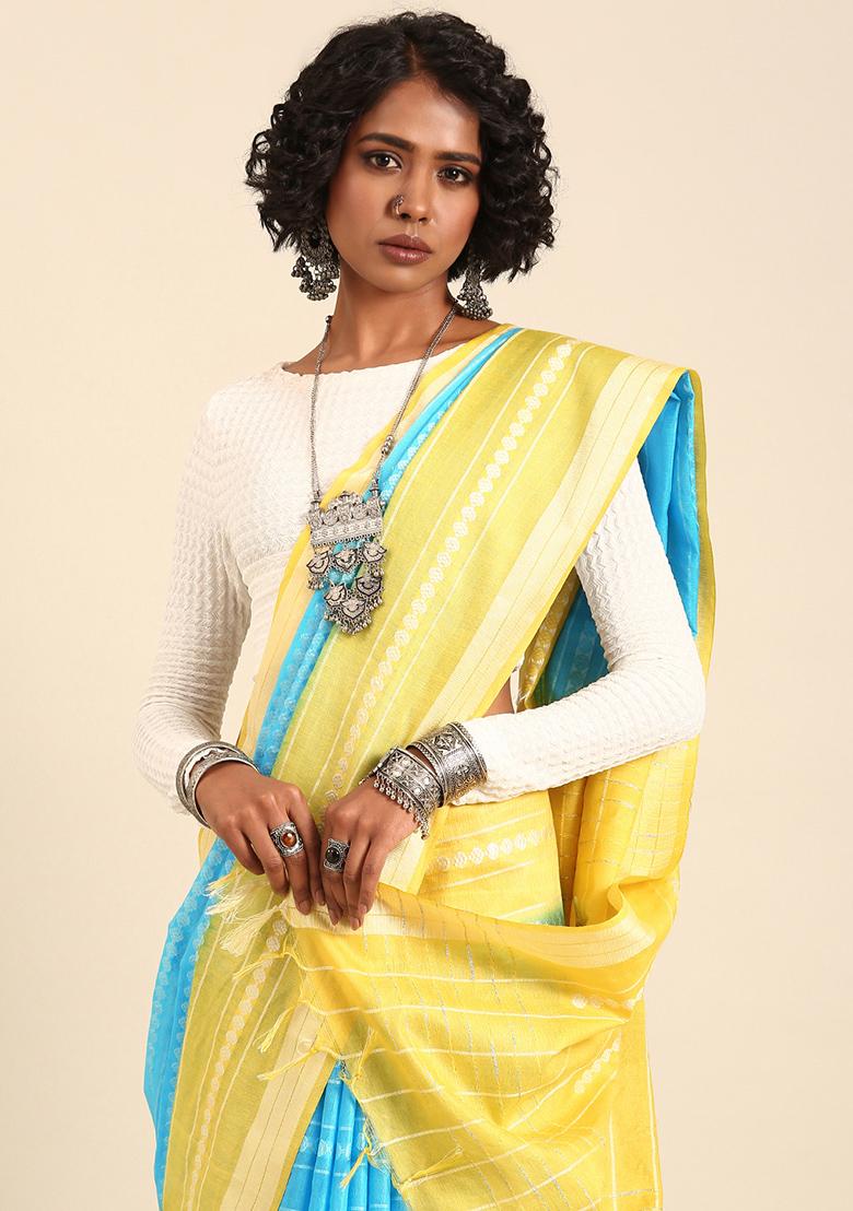 Blue Woven Design Viscose Saree Set