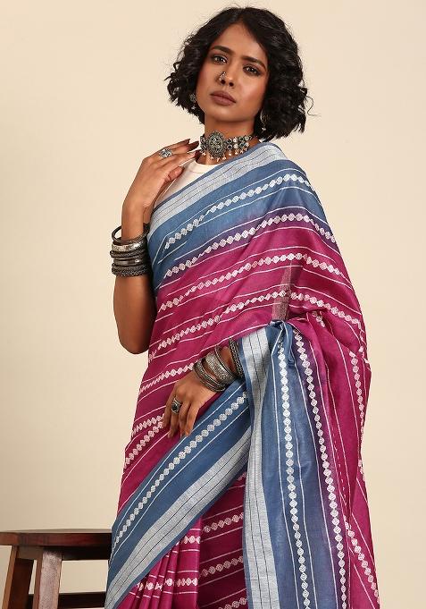 Purple Woven Design Viscose Saree Set