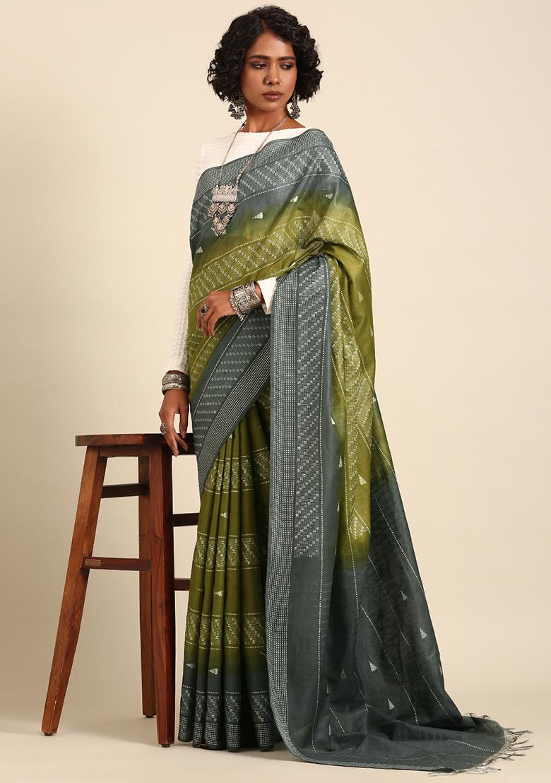 Green Woven Design Viscose Saree Set