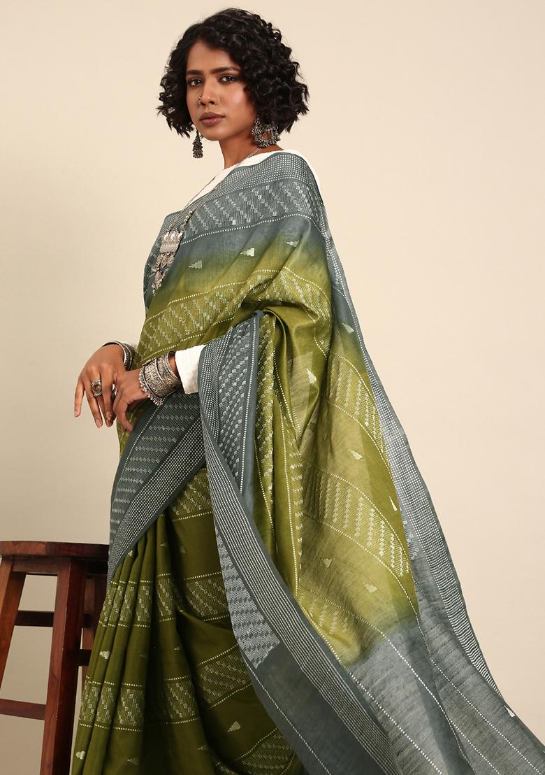 Green Woven Design Viscose Saree Set