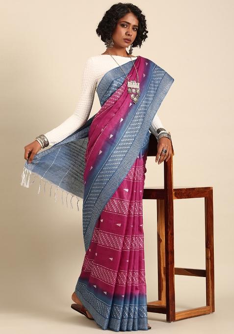 Purple Woven Design Viscose Saree Set