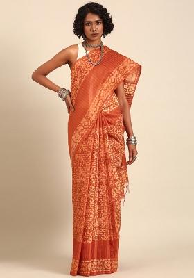 Brown Woven Design Viscose Saree Set