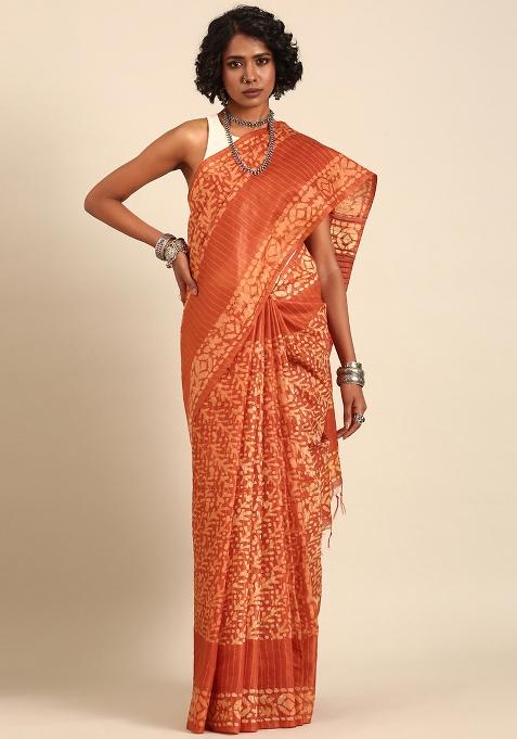 Brown Woven Design Viscose Saree Set
