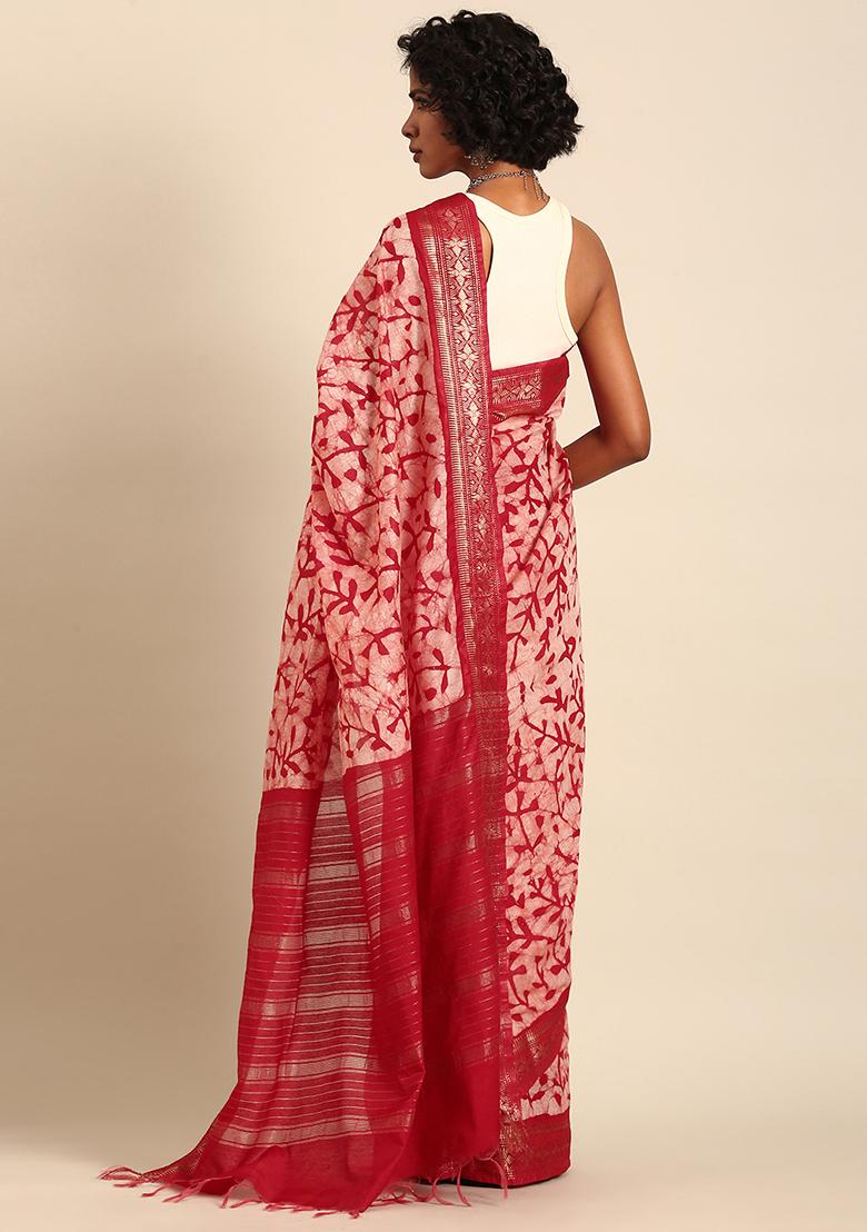 Red Woven Design Viscose Saree Set