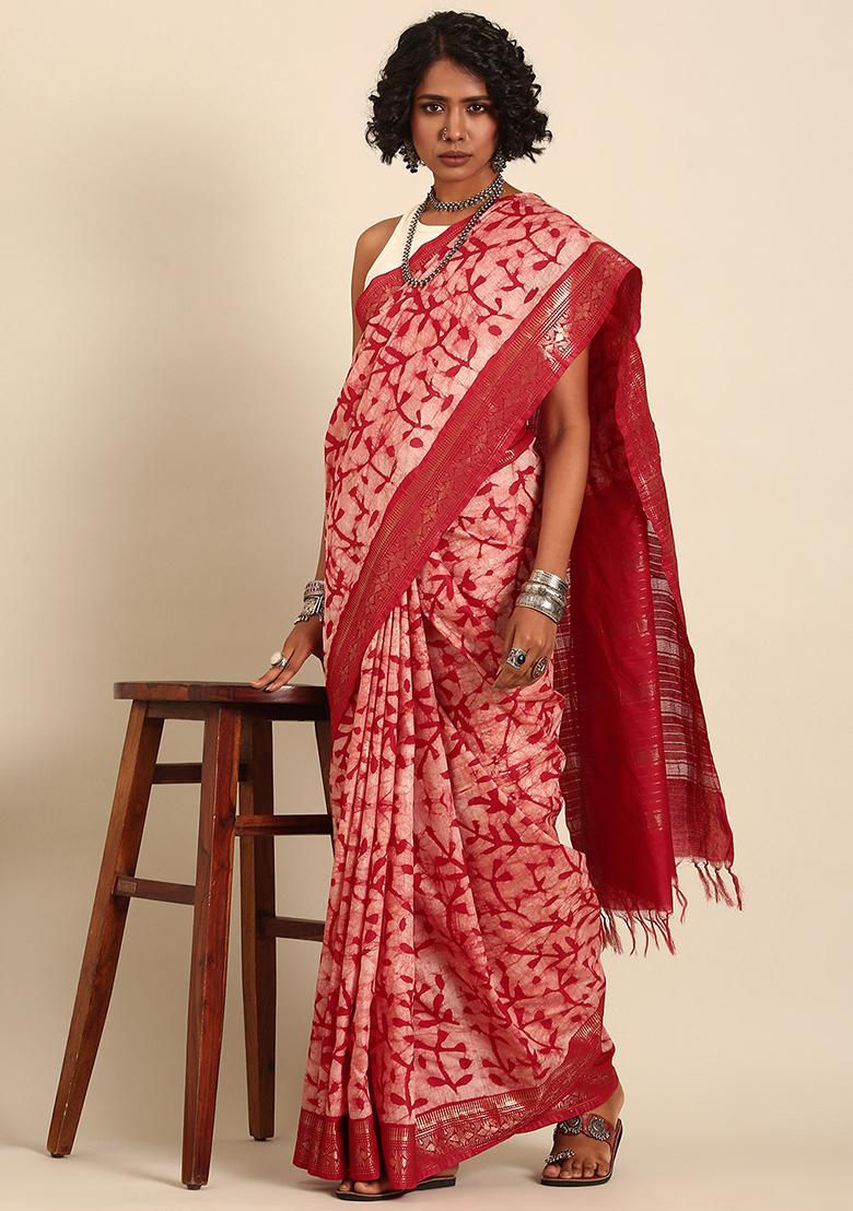 Red Woven Design Viscose Saree Set