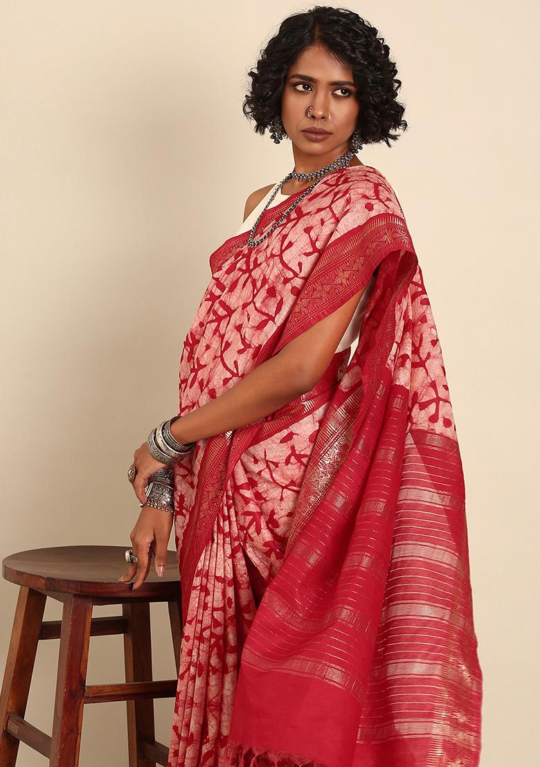 Red Woven Design Viscose Saree Set