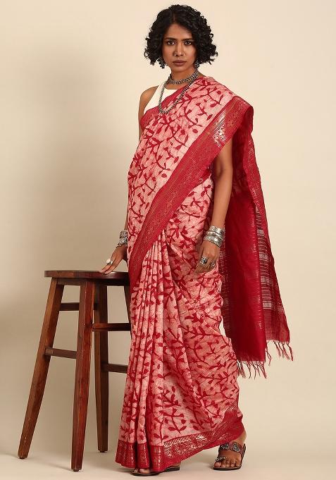Red Woven Design Viscose Saree Set