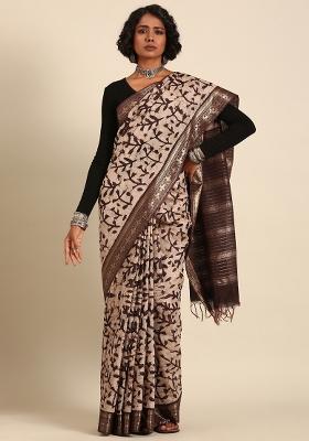 Brown Woven Design Viscose Saree Set