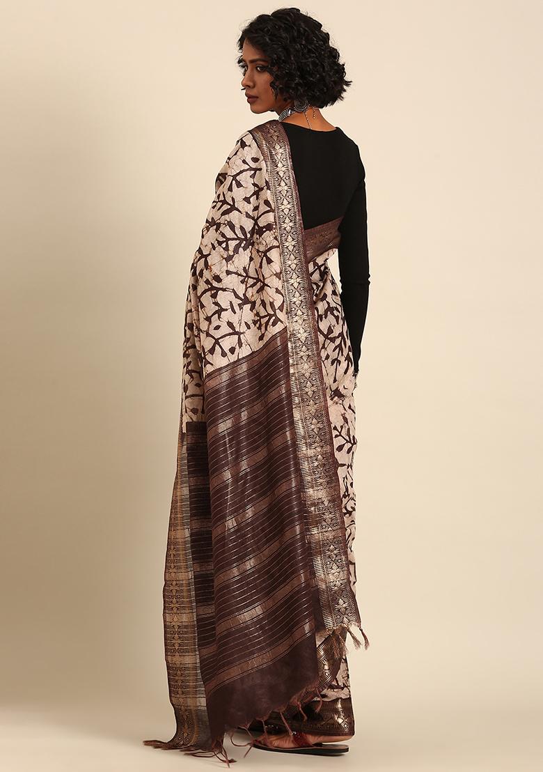 Brown Woven Design Viscose Saree Set