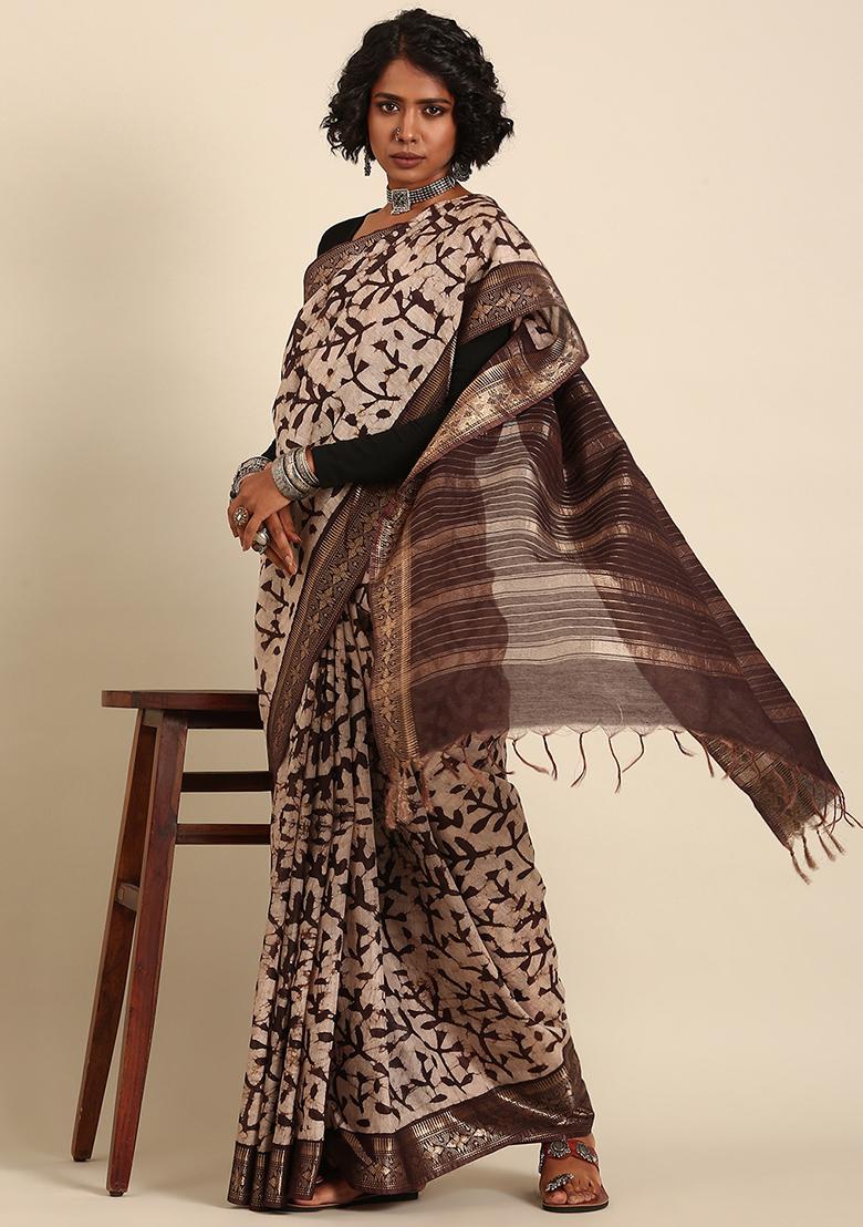 Brown Woven Design Viscose Saree Set