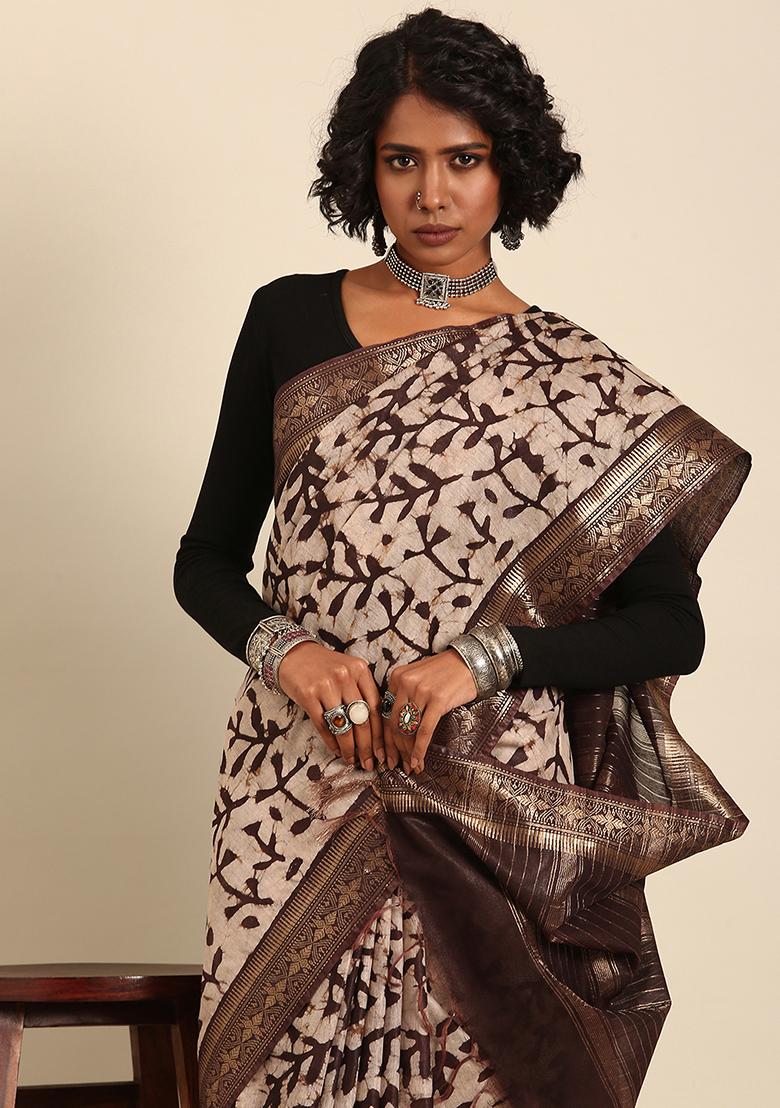 Brown Woven Design Viscose Saree Set