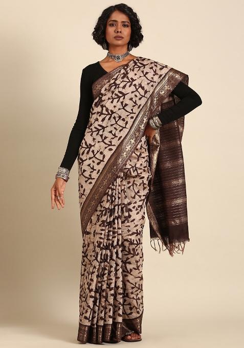 Brown Woven Design Viscose Saree Set