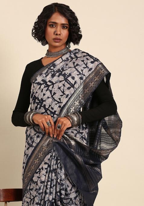Blue Woven Design Viscose Saree Set