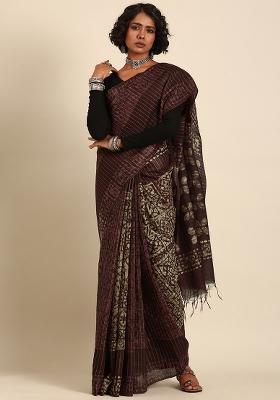 Brown Woven Design Viscose Saree Set