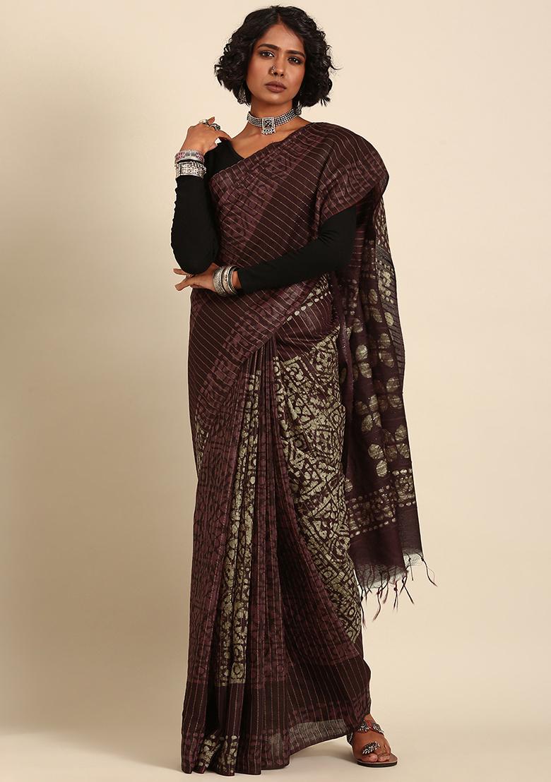 Brown Woven Design Viscose Saree Set