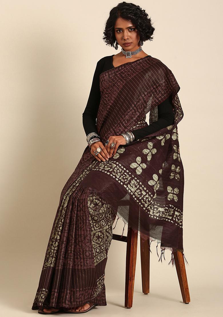 Brown Woven Design Viscose Saree Set