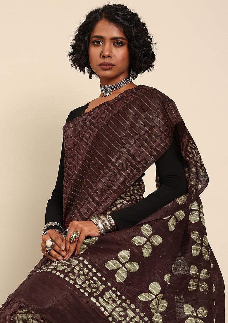Brown Woven Design Viscose Saree Set