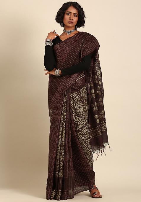 Brown Woven Design Viscose Saree Set