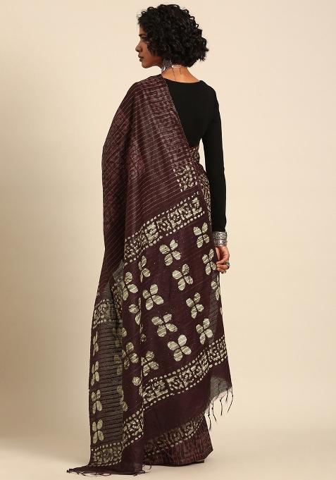 Brown Woven Design Viscose Saree Set