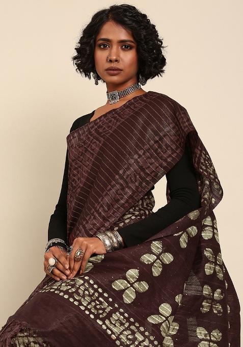Brown Woven Design Viscose Saree Set