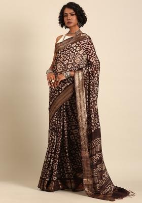 Brown Woven Design Viscose Saree Set