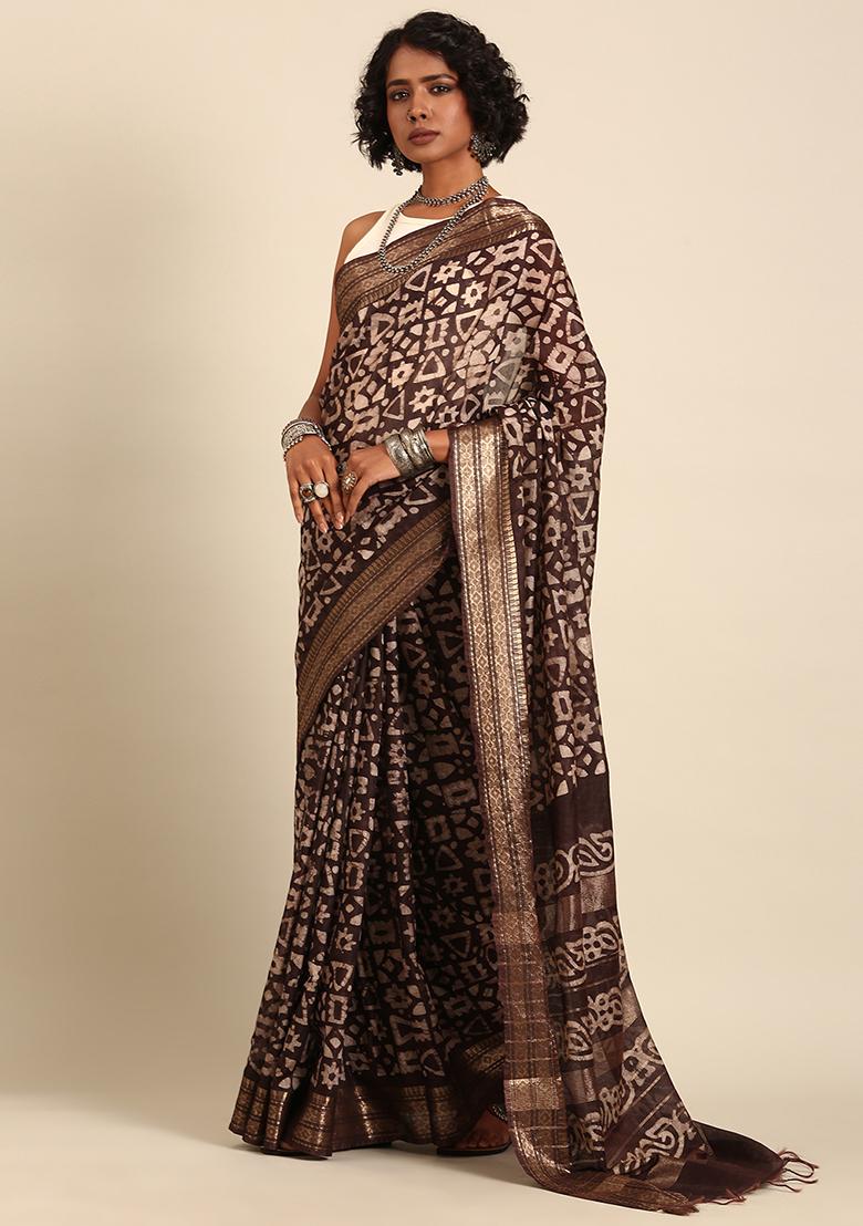 Brown Woven Design Viscose Saree Set