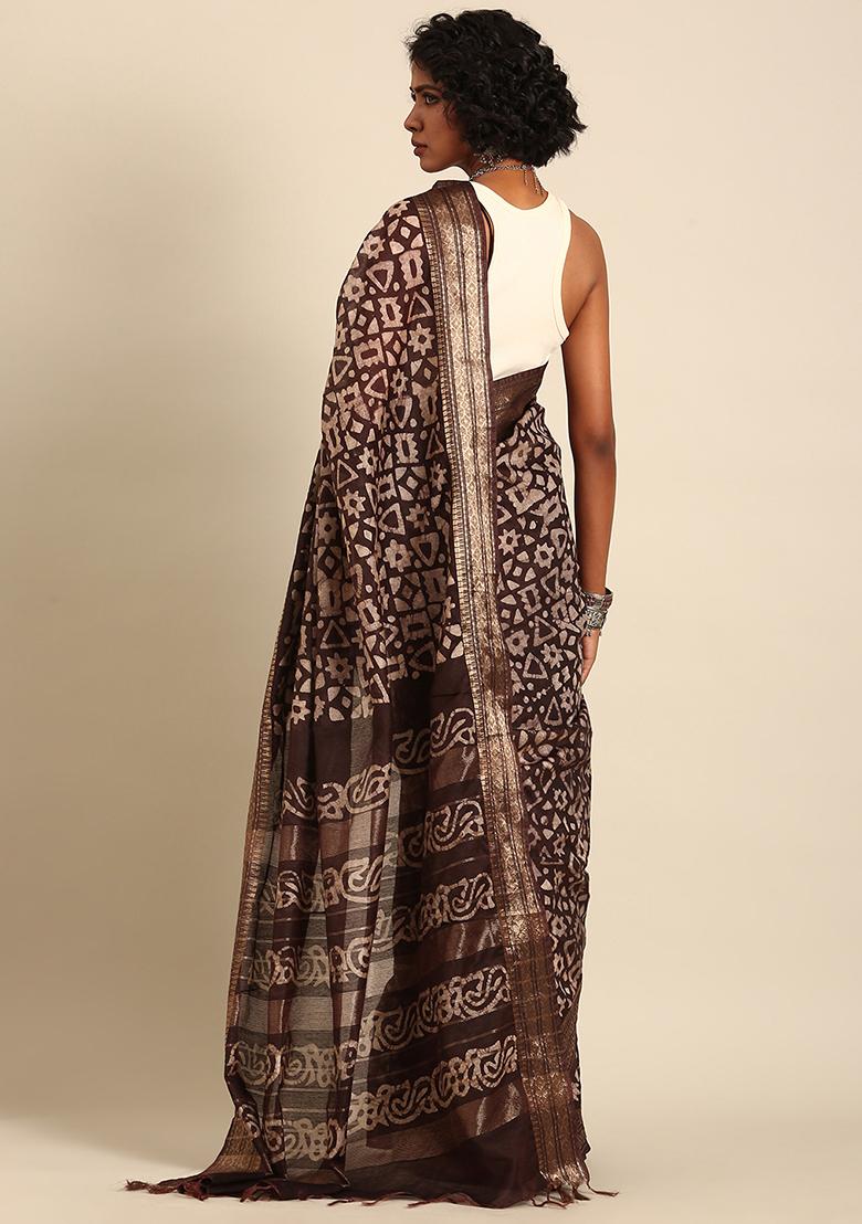 Brown Woven Design Viscose Saree Set