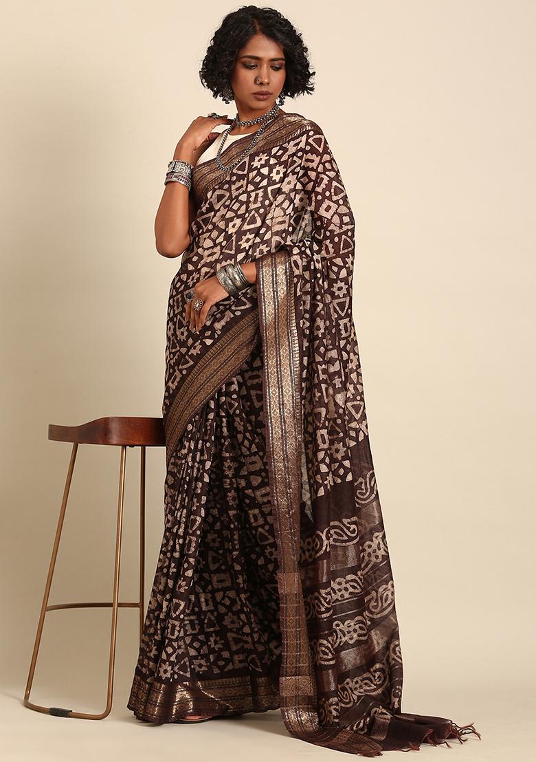 Brown Woven Design Viscose Saree Set