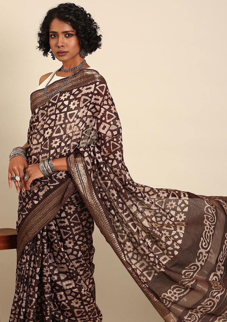 Brown Woven Design Viscose Saree Set