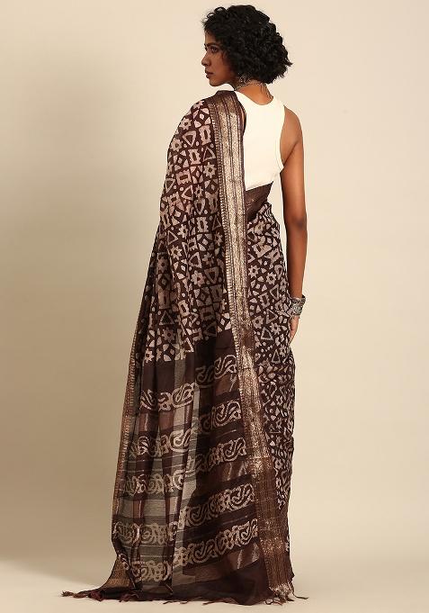Brown Woven Design Viscose Saree Set