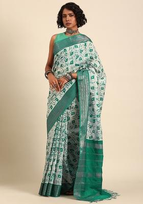 Green Woven Design Viscose Saree Set