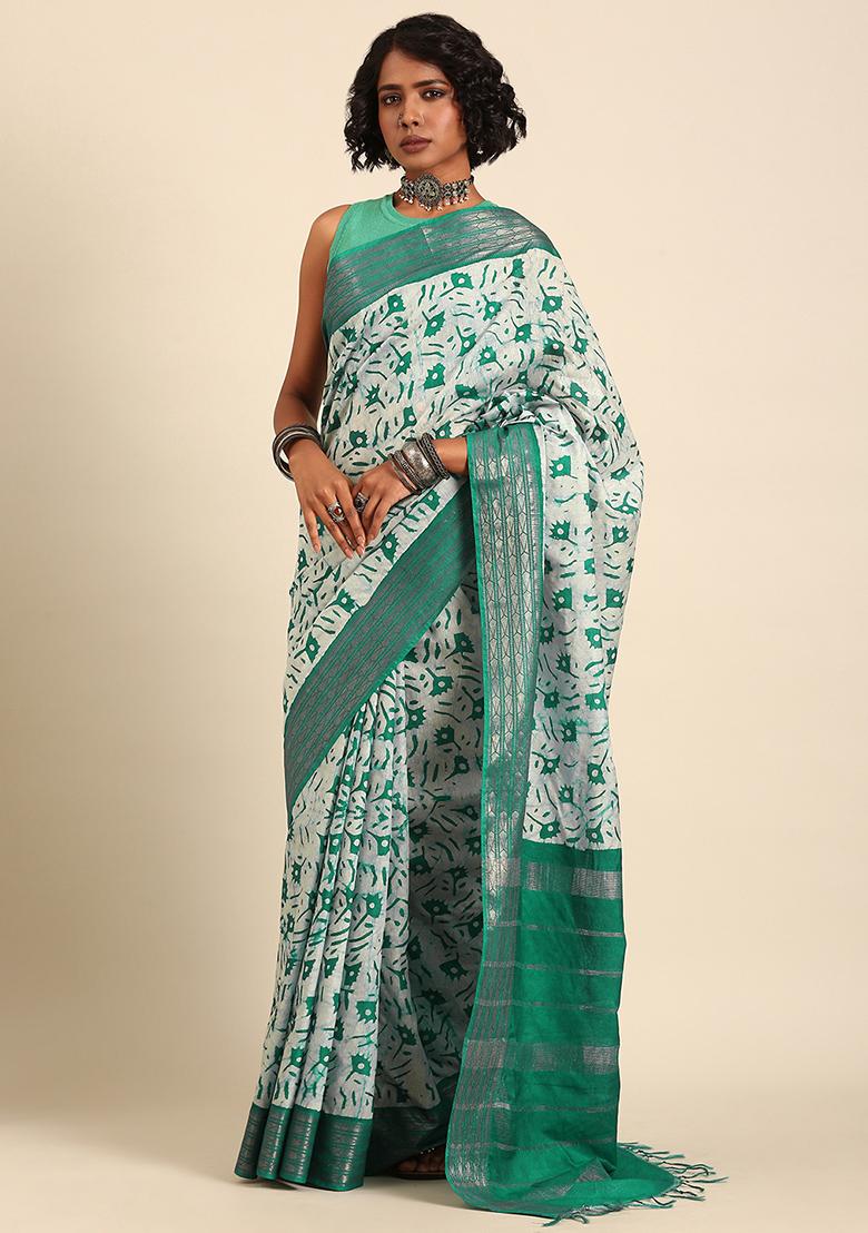 Green Woven Design Viscose Saree Set