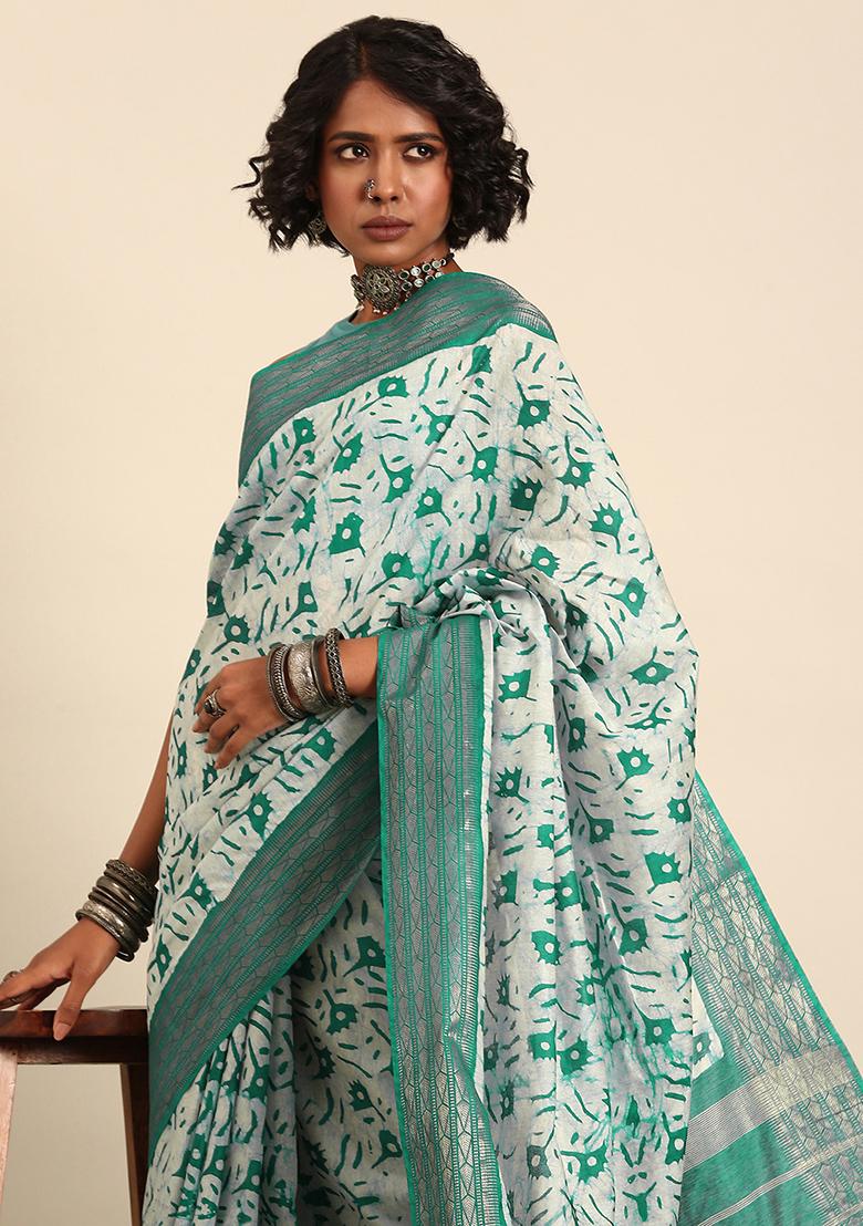 Green Woven Design Viscose Saree Set