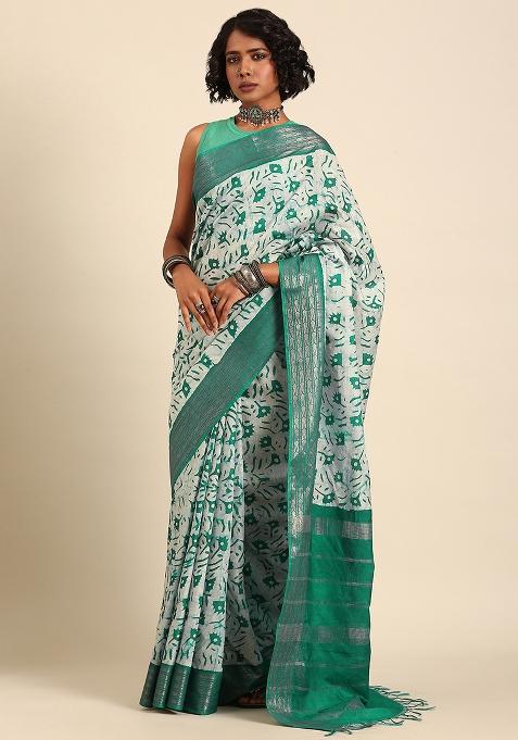 Green Woven Design Viscose Saree Set