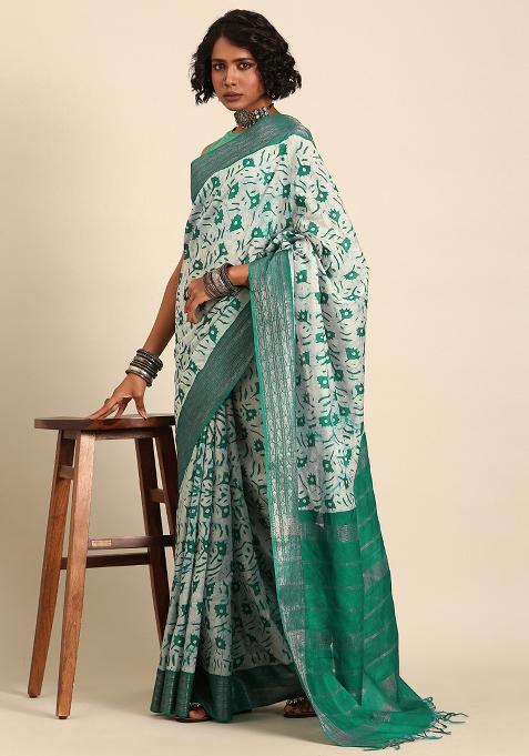 Green Woven Design Viscose Saree Set