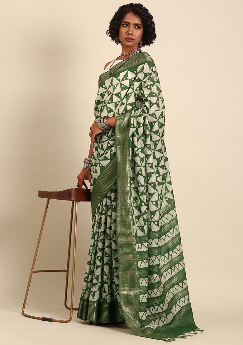 Green Woven Design Viscose Saree Set