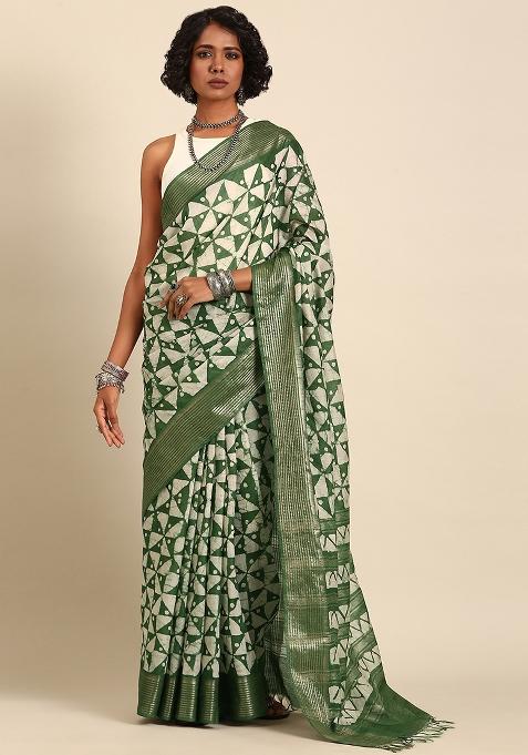 Green Woven Design Viscose Saree Set