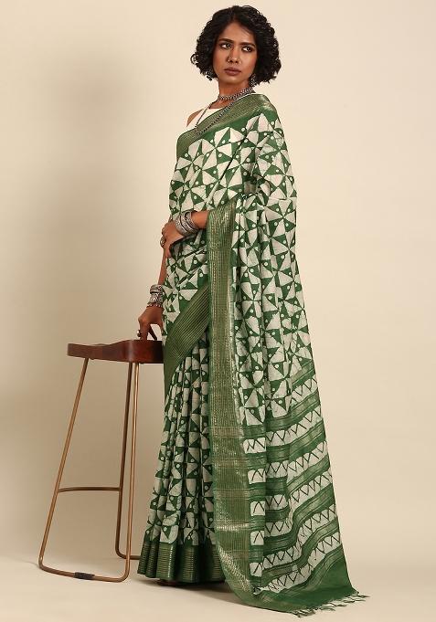 Green Woven Design Viscose Saree Set