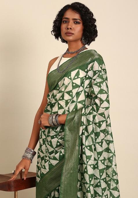 Green Woven Design Viscose Saree Set