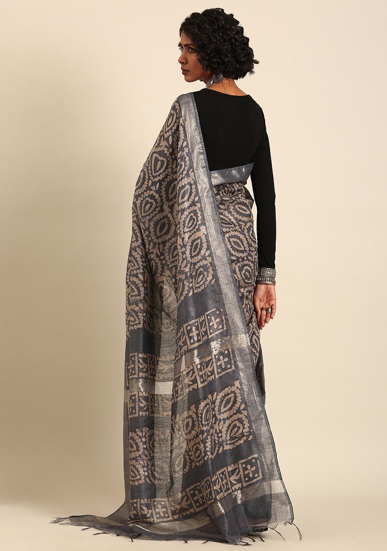 Grey Woven Design Viscose Saree Set