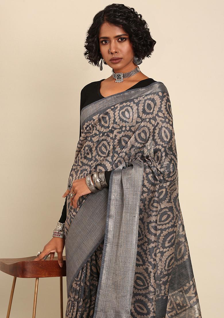 Grey Woven Design Viscose Saree Set