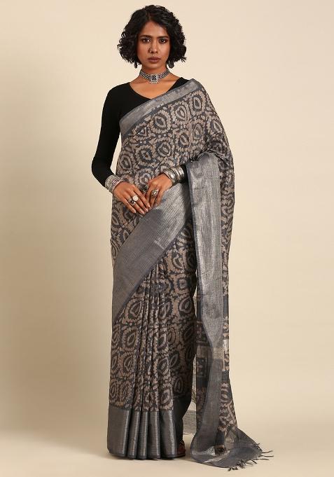Grey Woven Design Viscose Saree Set