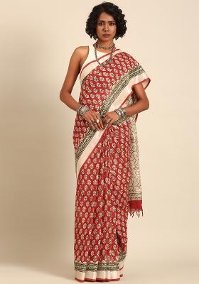 Brown Woven Design Cotton Saree Set
