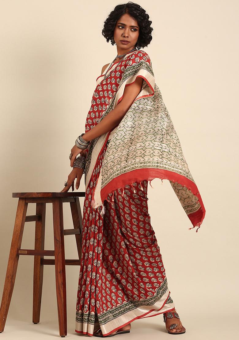 Brown Woven Design Cotton Saree Set