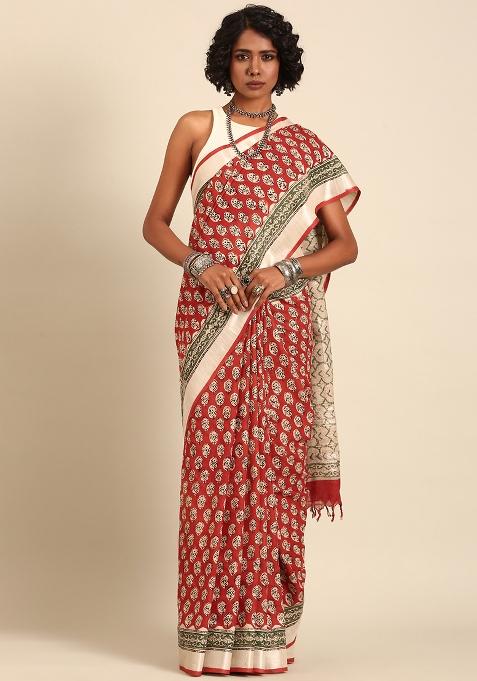 Brown Woven Design Cotton Saree Set