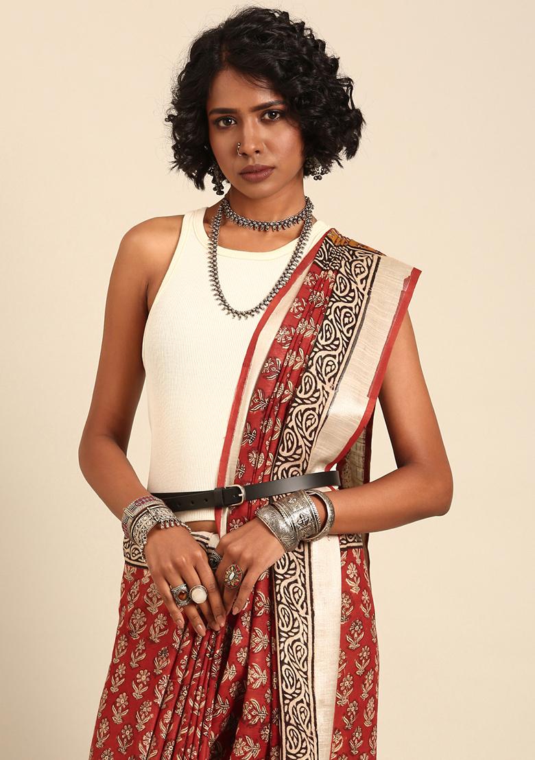 Brown Woven Design Cotton Saree Set