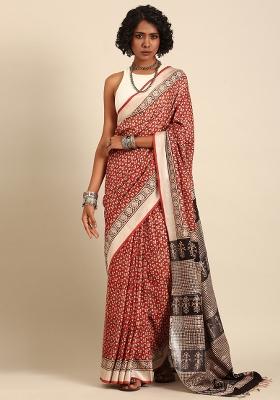 Brown Woven Design Cotton Saree Set