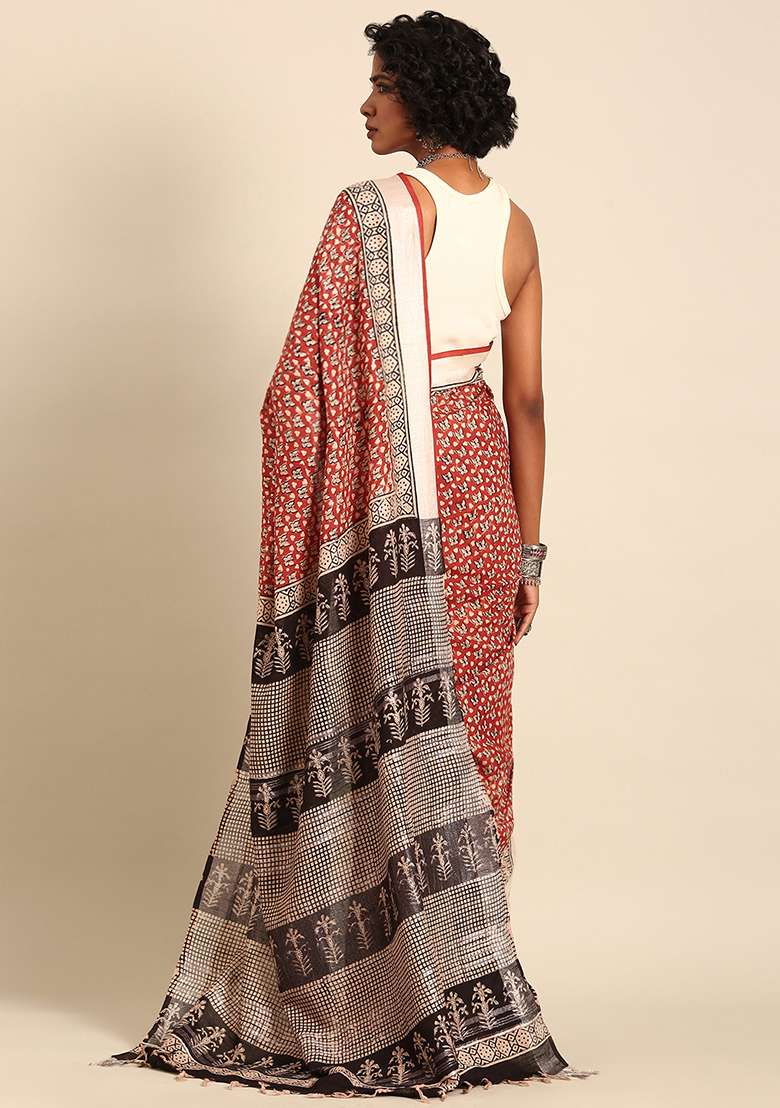 Brown Woven Design Cotton Saree Set for Diwali and Festive Wear - Indya
